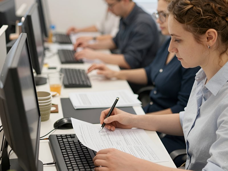 Команда бухгалтеров компании Глобус Финанс работает с документами в современном офисе Белгорода