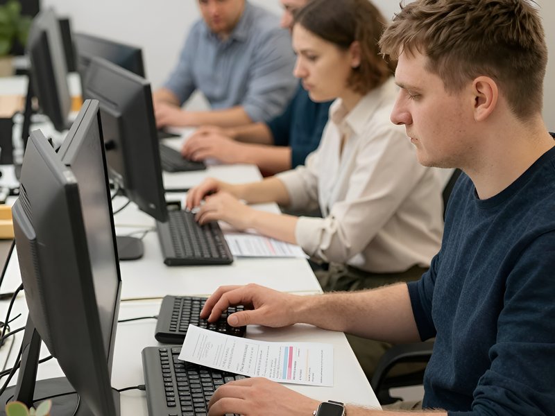 Команда бухгалтеров компании Глобус Финанс работает с документами в офисе в Белгороде